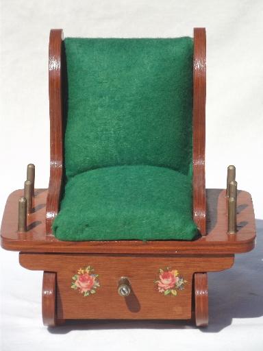 photo of vintage sewing box, wooden rocking chair pin cushion w/ thread spools rack #2