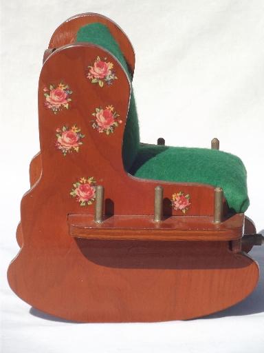 photo of vintage sewing box, wooden rocking chair pin cushion w/ thread spools rack #3