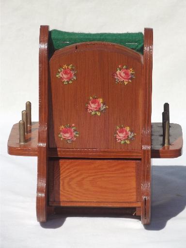 photo of vintage sewing box, wooden rocking chair pin cushion w/ thread spools rack #4