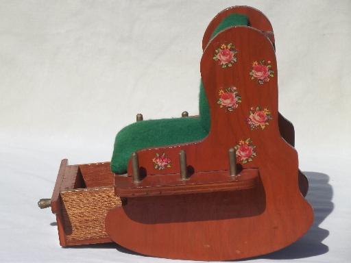 photo of vintage sewing box, wooden rocking chair pin cushion w/ thread spools rack #5