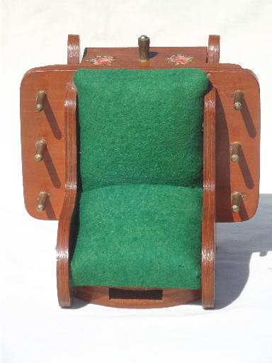 photo of vintage sewing box, wooden rocking chair pin cushion w/ thread spools rack #6