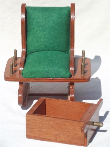 photo of vintage sewing box, wooden rocking chair pin cushion w/ thread spools rack #8