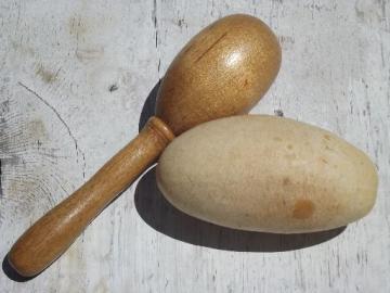 catalog photo of vintage sewing darning mending eggs, wood egg w/ handle, very old gourd