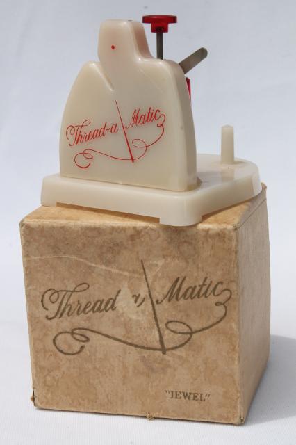 photo of vintage sewing gadget, Jewel Thread O Matic needle threader, threading tool in box #1