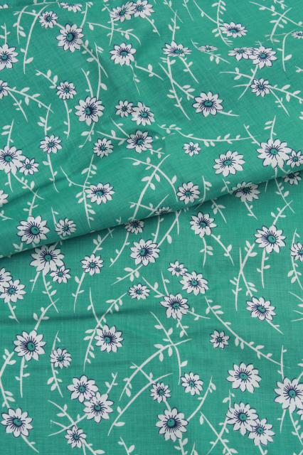 photo of vintage sewing material, 36 wide cotton print fabric turquoise blue white floral #4
