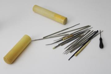 catalog photo of vintage sewing needlework tools, bodkins & steel crochet hooks for lace making