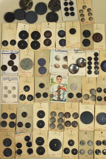 photo of vintage sewing notions, buttons on original cards in shades of grey & black #1