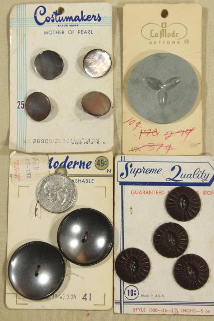 photo of vintage sewing notions, buttons on original cards in shades of grey & black #2