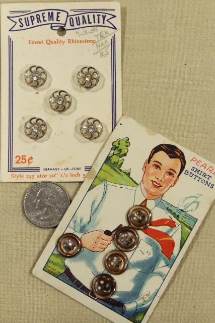 photo of vintage sewing notions, buttons on original cards in shades of grey & black #6