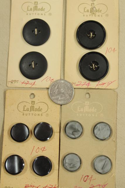 photo of vintage sewing notions, buttons on original cards in shades of grey & black #8