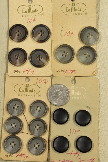 photo of vintage sewing notions, buttons on original cards in shades of grey & black #10