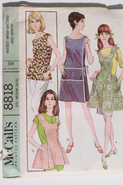 photo of vintage sewing patterns lot, 40s 50s 60s kitchen aprons, retro hostess apron styles #3