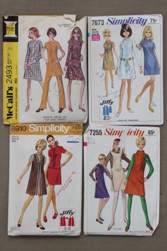 photo of vintage sewing patterns lot, 60s 70s mod dresses & mini skirt dresses, pants #7