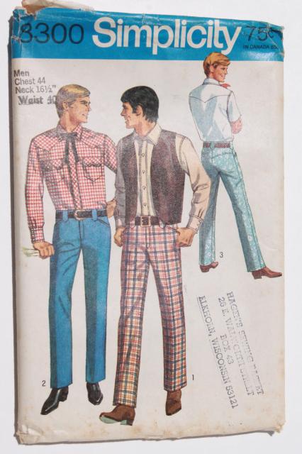 photo of vintage sewing patterns, retro 70s cowboy western style men's shirts & vests #2