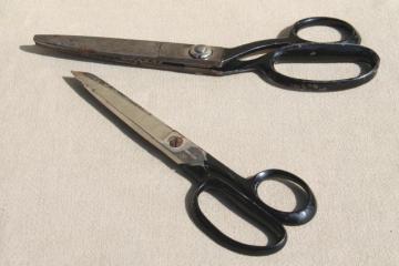 catalog photo of vintage sewing scissors & fabric pinking shears, all steel dressmaker's scissors