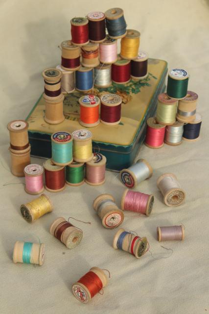 photo of vintage sewing thread on wood spool reels, pure silk & Sylko type mercerized cotton #1