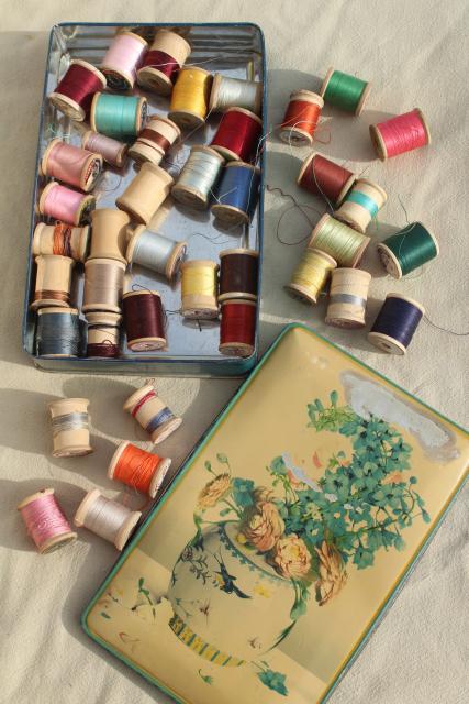 photo of vintage sewing thread on wood spool reels, pure silk & Sylko type mercerized cotton #4