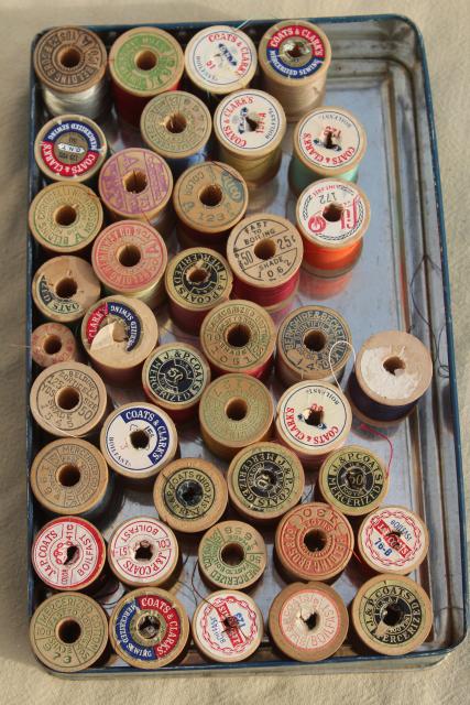 photo of vintage sewing thread on wood spool reels, pure silk & Sylko type mercerized cotton #10