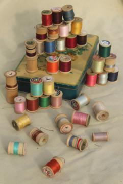 catalog photo of vintage sewing thread on wood spool reels, pure silk & Sylko type mercerized cotton