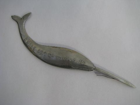 photo of vintage sewing tool, figural tin whale art punch needle for embroidery #1