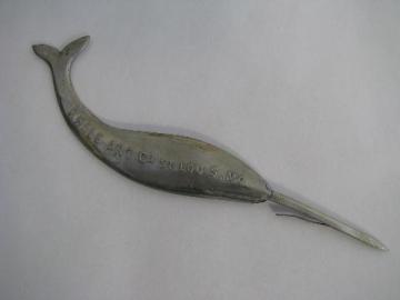 catalog photo of vintage sewing tool, figural tin whale art punch needle for embroidery