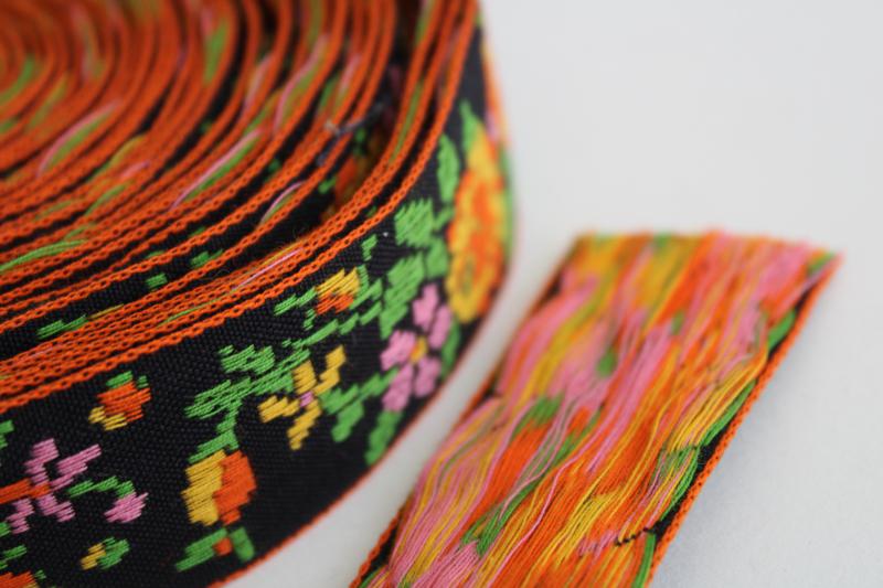 photo of vintage sewing trim, embroidered cotton braid tapestry floral brights on black #3