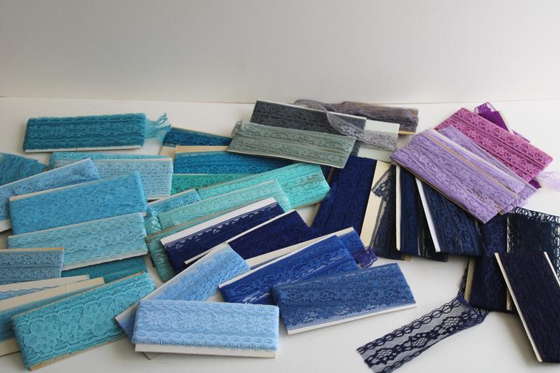 photo of vintage sewing trim, lace seam tape binding & flat insertion - aqua, navy, blue, purple #1