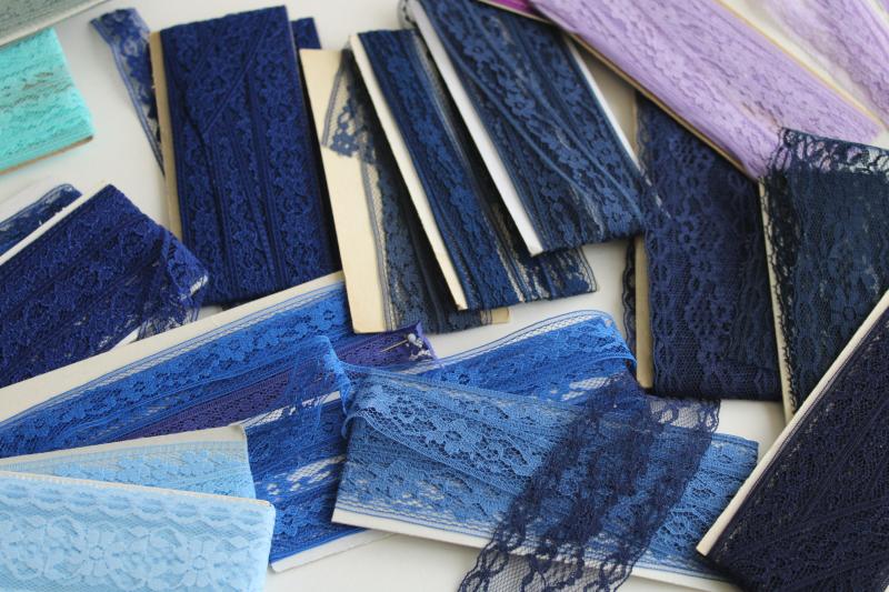 photo of vintage sewing trim, lace seam tape binding & flat insertion - aqua, navy, blue, purple #7