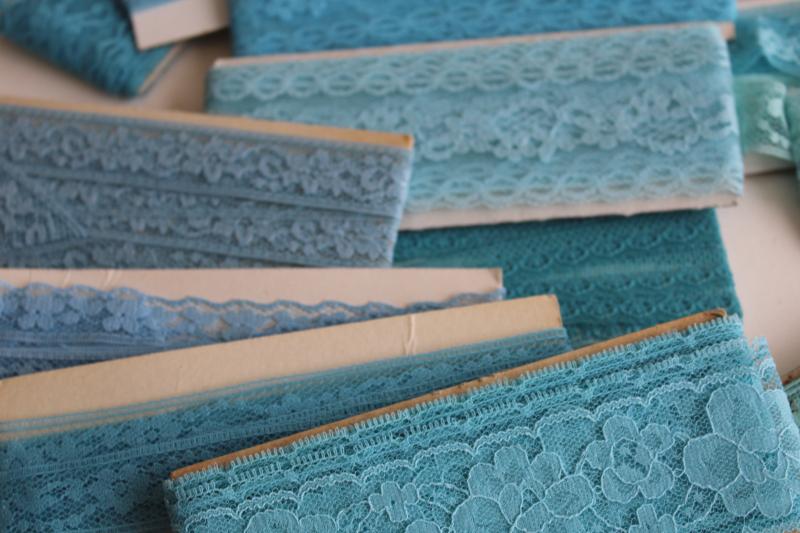 photo of vintage sewing trim, lace seam tape binding & flat insertion - aqua, navy, blue, purple #9