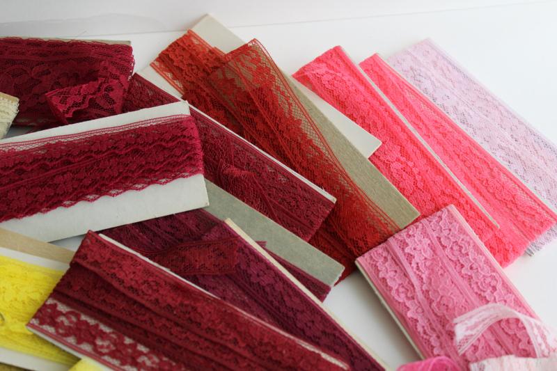 photo of vintage sewing trim, lace seam tape binding & flat insertion - pink, orange, wine, red, gold #4