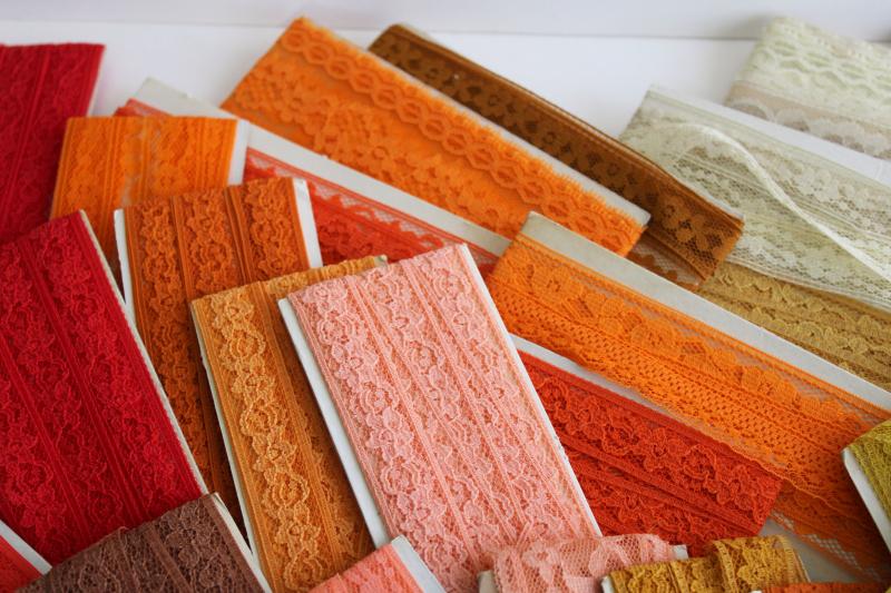 photo of vintage sewing trim, lace seam tape binding & flat insertion - pink, orange, wine, red, gold #6