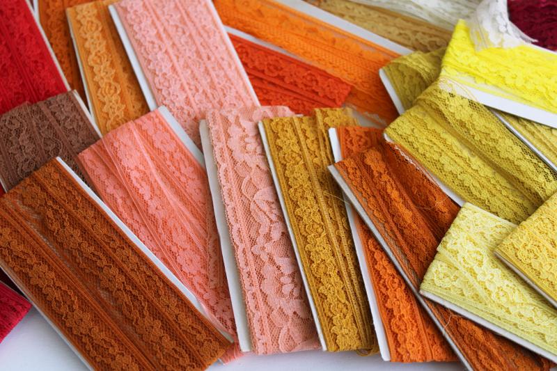 photo of vintage sewing trim, lace seam tape binding & flat insertion - pink, orange, wine, red, gold #7