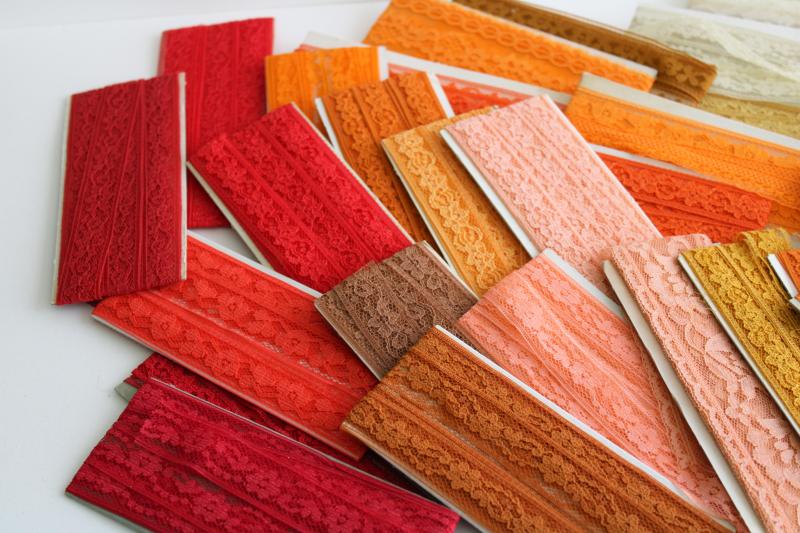 photo of vintage sewing trim, lace seam tape binding & flat insertion - pink, orange, wine, red, gold #8