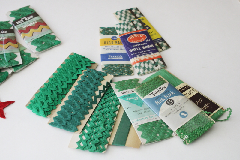 photo of vintage sewing trim lot, Christmas trims, red & green seam binding, metallic rickrack, pink popcorn fringe  #2