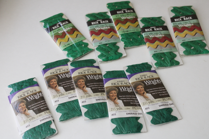 photo of vintage sewing trim lot, Christmas trims, red & green seam binding, metallic rickrack, pink popcorn fringe  #3