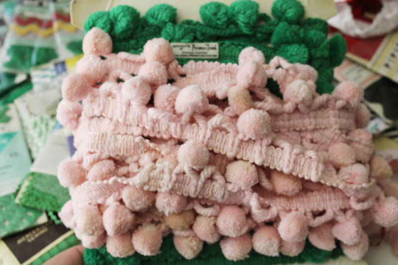 photo of vintage sewing trim lot, Christmas trims, red & green seam binding, metallic rickrack, pink popcorn fringe  #5