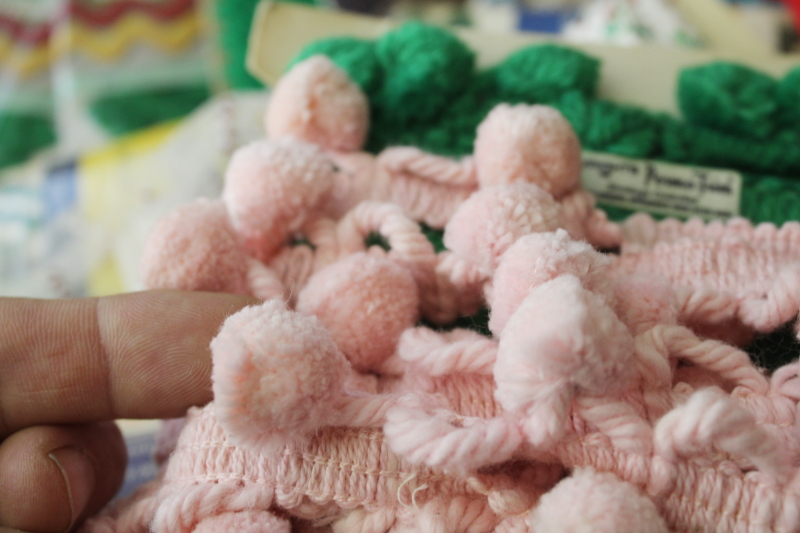 photo of vintage sewing trim lot, Christmas trims, red & green seam binding, metallic rickrack, pink popcorn fringe  #6