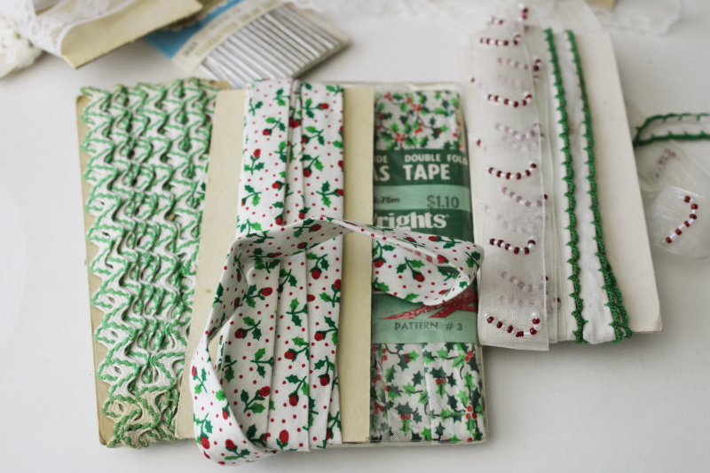 photo of vintage sewing trim lot, Christmas trims, red & green seam binding, metallic rickrack, pink popcorn fringe  #7