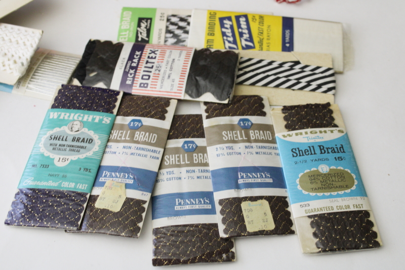 photo of vintage sewing trim lot, Christmas trims, red & green seam binding, metallic rickrack, pink popcorn fringe  #8