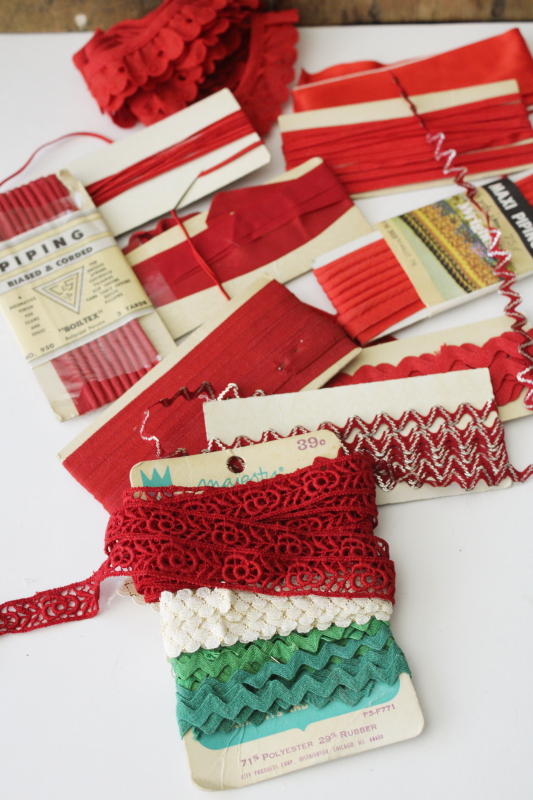 photo of vintage sewing trim lot, Christmas trims, red & green seam binding, metallic rickrack, pink popcorn fringe  #11
