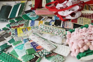 vintage sewing trim lot, Christmas trims, red & green seam binding, metallic rickrack, pink popcorn fringe 