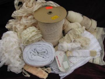 catalog photo of vintage sewing trim lot, edgings and lingerie lace trims, nylon ruffles