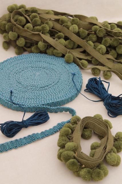 photo of vintage sewing trim lot, moss green & peacock blue popcorn fringe, rayon gimp & braid #1