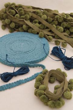 catalog photo of vintage sewing trim lot, moss green & peacock blue popcorn fringe, rayon gimp & braid