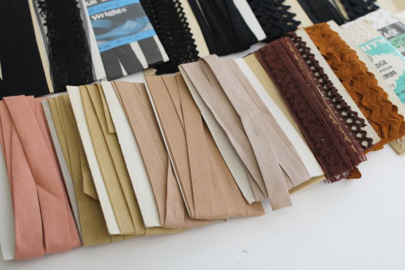 photo of vintage sewing trim lot, rickrack & cotton seam tape binding neutral colors, tan, black #2