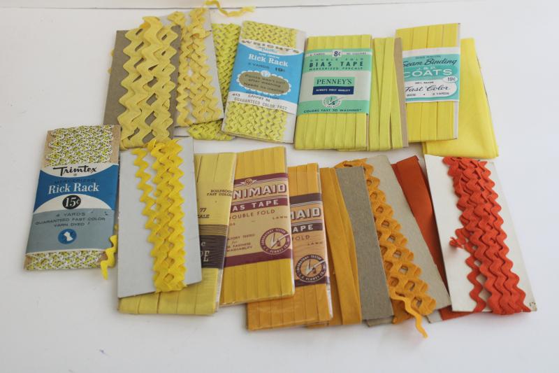 photo of vintage sewing trim lot, rickrack & cotton seam tape binding - orange & yellow #1