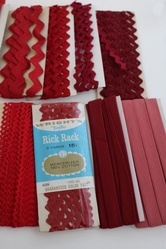 photo of vintage sewing trim lot, rickrack & cotton seam tape binding - red, pink, purple #5