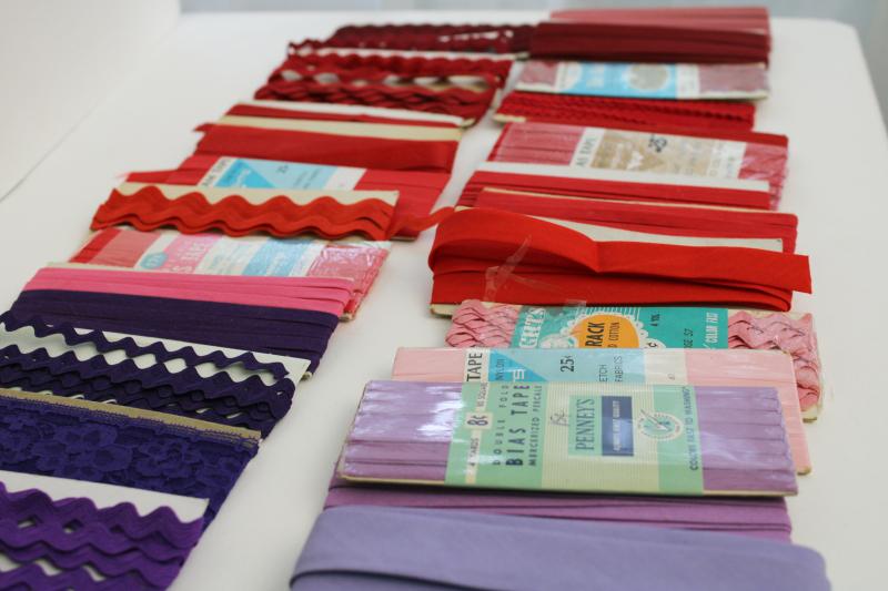 photo of vintage sewing trim lot, rickrack & cotton seam tape binding - red, pink, purple #6