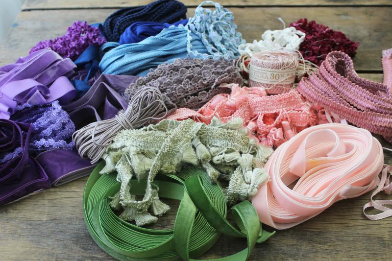 photo of vintage sewing trim lot, tassels fringe, braid, velvet ribbons, flower sprays #1