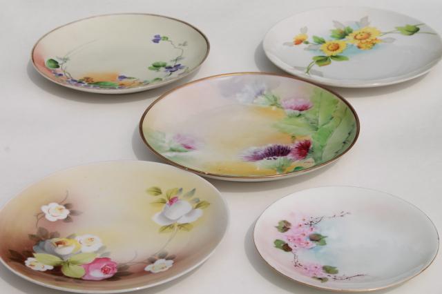 photo of vintage shabby chic china, antique porcelain plates w/ hand painted flowers #1